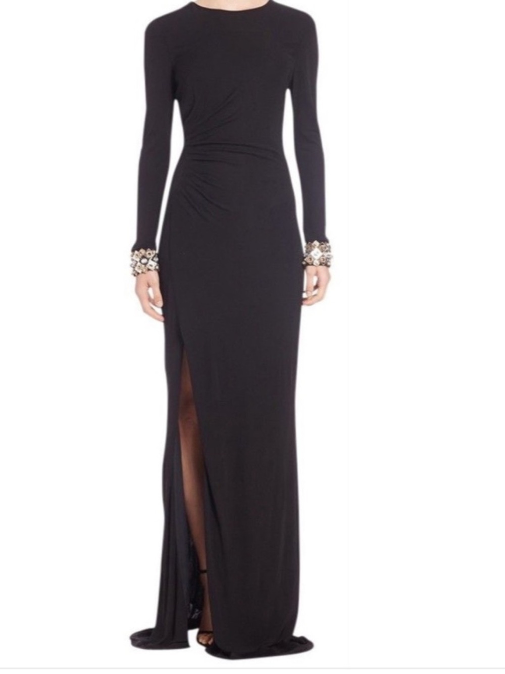 Shoshanna Midnight Long-Sleeve Beaded Cuff Evening Gown